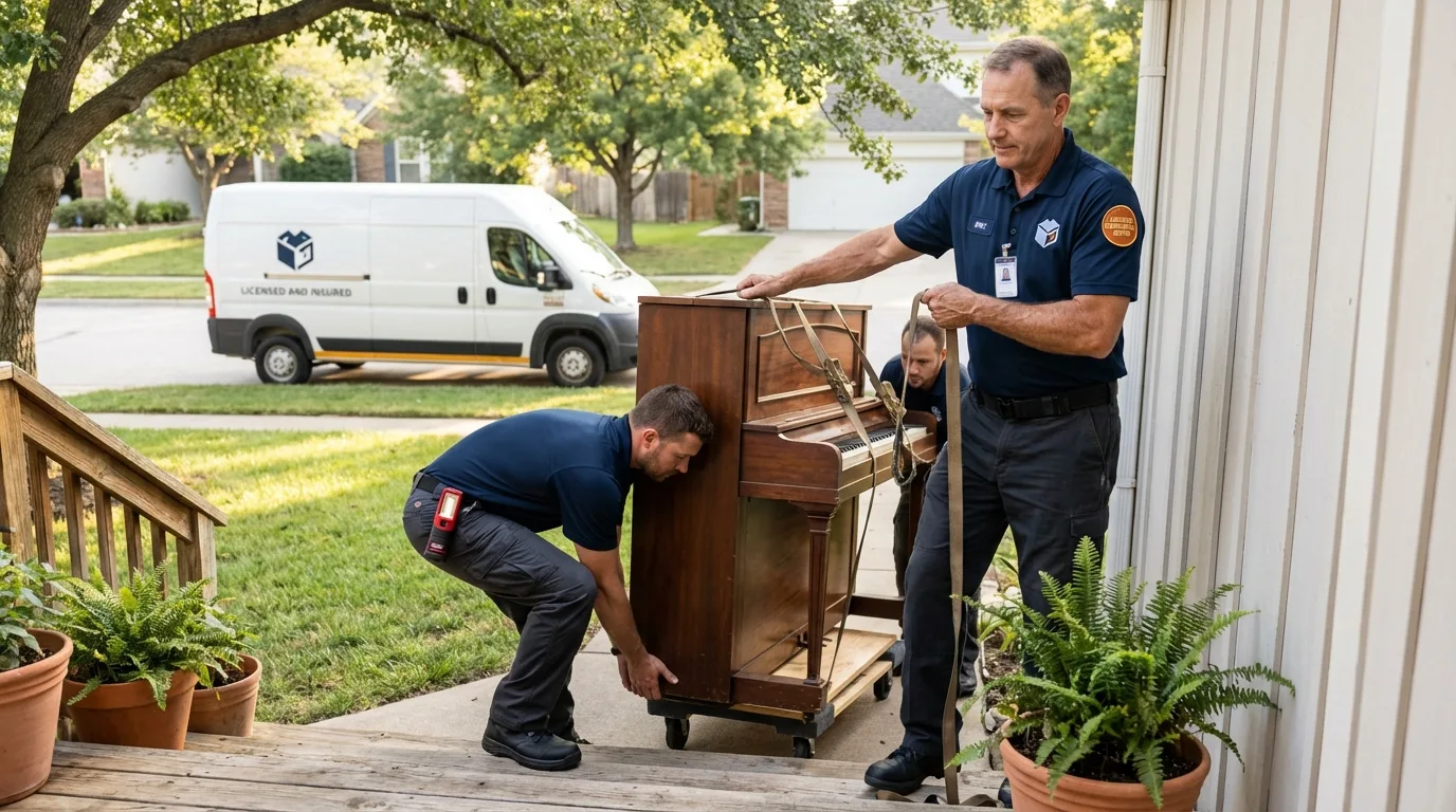 Licensed piano movers securing grand piano in Warsaw, IN