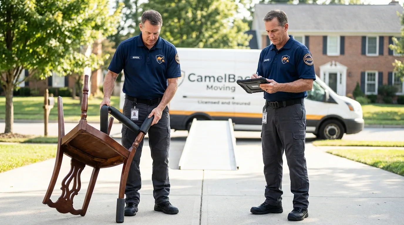 Movers inspecting furniture for damage prevention before loading in Warsaw, IN