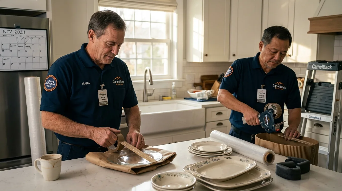 Professional crew packing kitchen dishware in Warsaw, IN
